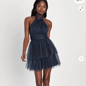 NWT Lulu's Sweet Magic Navy Blue Glitter Tiered Tulle Halter Mini Dress, US XS